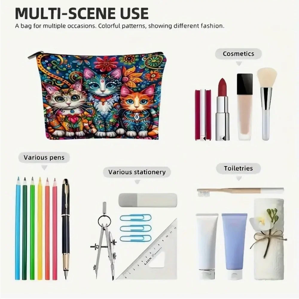 Henna Painted Cat Print Zipper Cosmetic Pouch